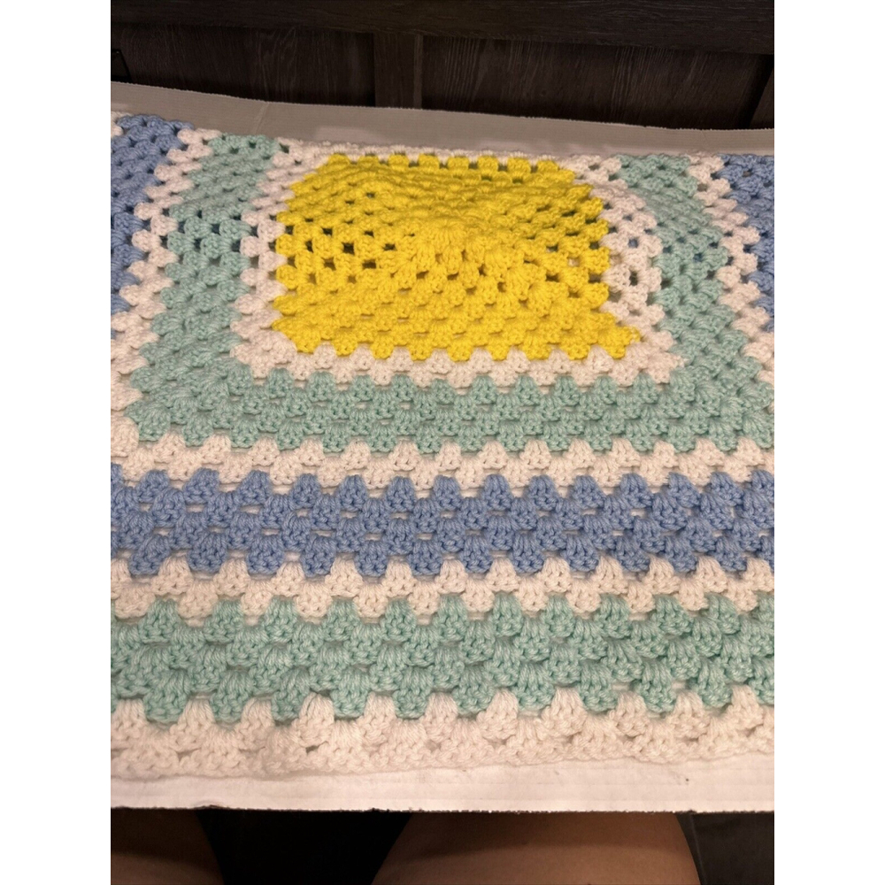 Vintage 34”Handmade Crocheted Baby Blanket-Blue/Grn/Yellow/Whi Beautifully made
